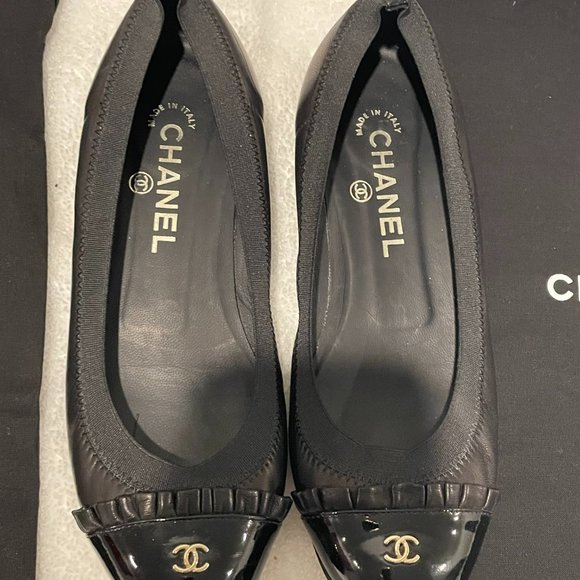 Chanel Ballet Flats - Black, Size 37 Patent Cap Toe - Picture 3 of 6